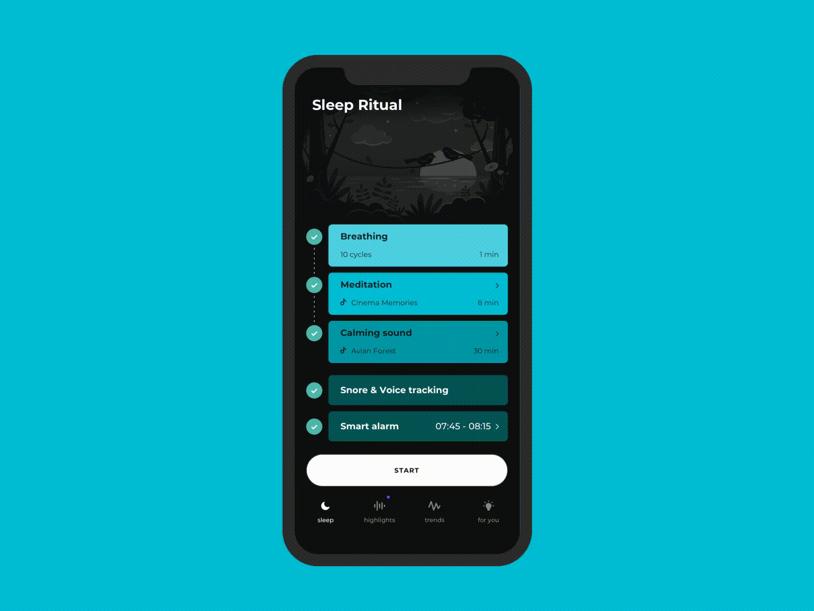 Sleep Booster: Start / Complete Sleep Ritual animation app clean illustration motion typography ui ux