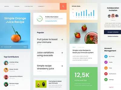 UI Elements for Fruit Juice Website blog bold card clean design elements fruit healthy homepage juice landing page news recipes typography ui ux website whitespace