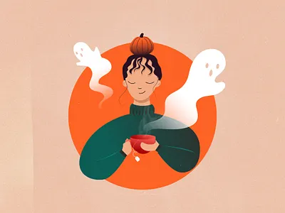 Tea Ghosts bun cup curly fall ghost ghosts girl grain grain texture halloween halloween party illustration orange pumpkin scary tea