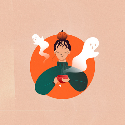 Tea Ghosts bun cup curly fall ghost ghosts girl grain grain texture halloween halloween party illustration orange pumpkin scary tea