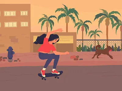 Let's go skateboarding art banner character city cityscape flat flat illustration girl illustration losangeles skate skateboarding skategirl sunset vector vectorart