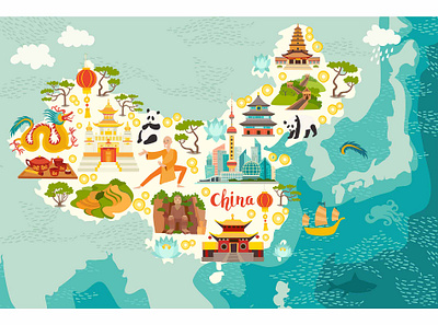 Illustrated map of China abstract atlas card cartoon cartoon map children china chinese flat illustration landmarks map vector