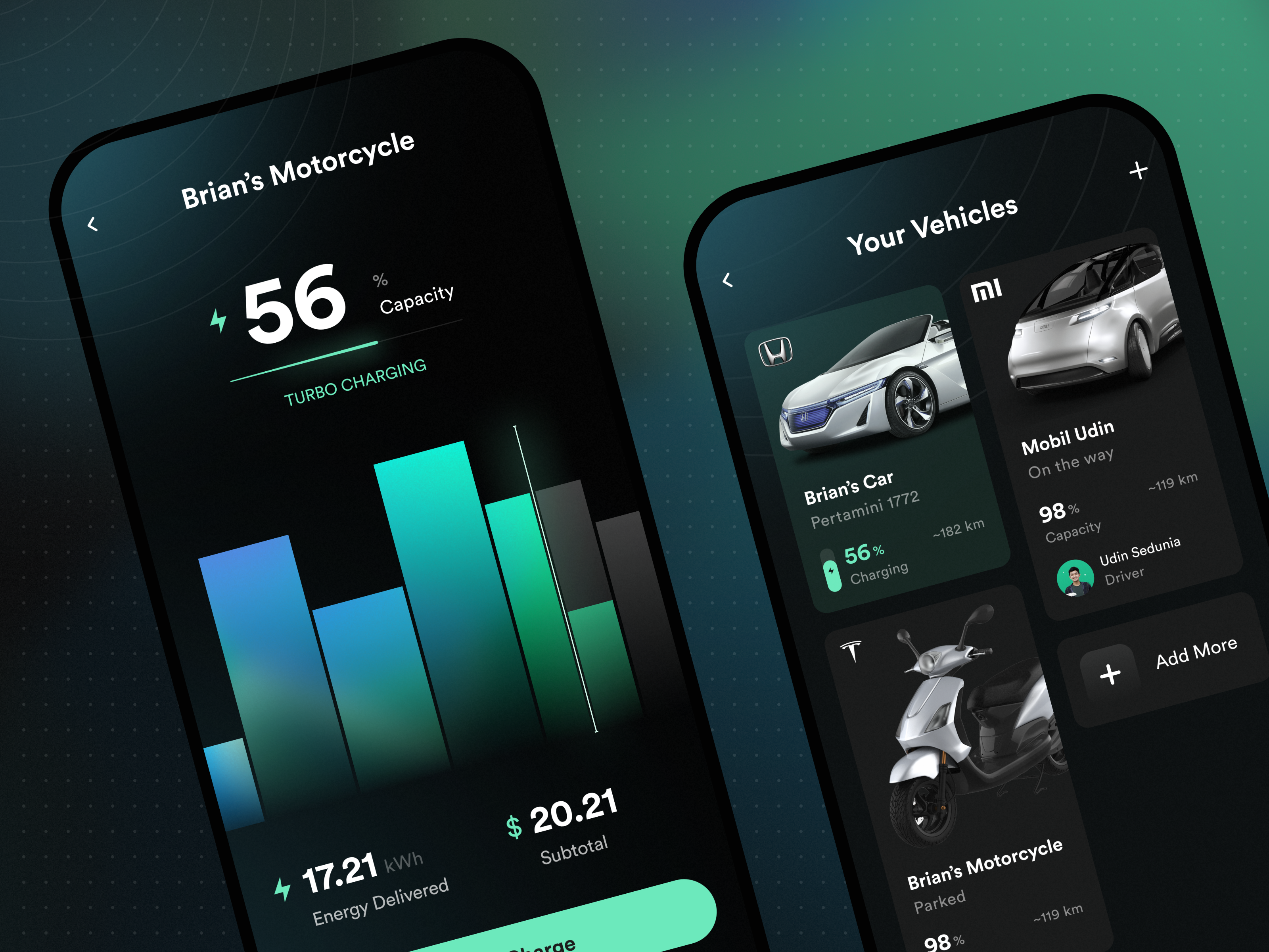 EV Charging App - Charging Screens Alt.1 & Vehicle List battery behicle card charging chart clean dark details device electric ev ios list modern parking payment statistics status ui ux