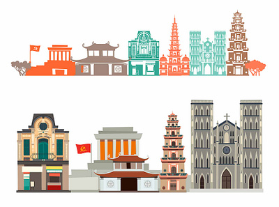 Vietnam skyline art background card cartoon flat icon illustration skyline street vector vietnam designer vietnamese