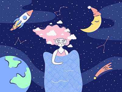 Dream ai character dream earth flat girl illustration planet rocket sky sleep space stars vector