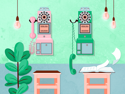 Long Distance colour design illustration illustrator interior light lightbulb pastel payphone phone phone book plant retro telephone texture vector wes anderson