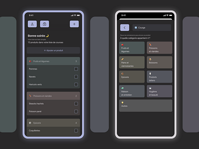 Grocery list dark mode - iOS App app dark mode dark theme emoji grocery list pale shopping
