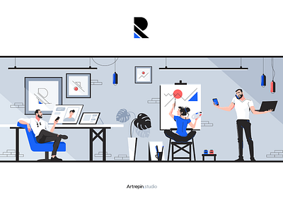 Illustration for artrepin.studio blue branding character draw drawing emotion illustration laptop man manipulation office people phone poses process site ui vector woman work