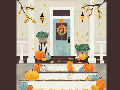 Pretty Autumn Porches autumn autumn leaves comfort digital painting doors editorial illustration fall home illustration kitty orange procreate pumpkin wreath