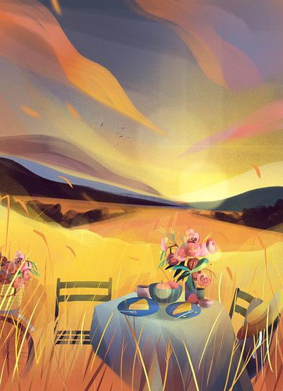 Wish I was Here autumn background background design bike flowers folioart golden golden hour grass landscape landscape illustration picnic