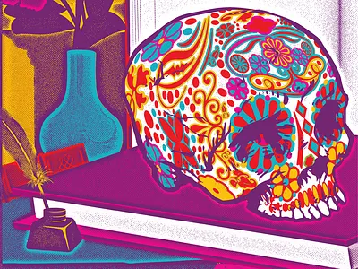 Detail from a poster for an art book fair artbook calavera colorful illustration memento mori poster art poster design renaissance screen print skull still life sugar skull symbolism vanitas