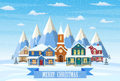 Merry christmas card. architecture background building cartoon christmas design flat house illustration landscape merry newyear scene snow village winter wood