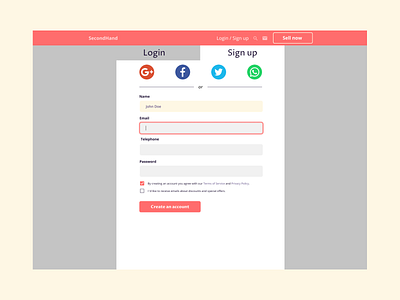 Simple "Sign up" page for secondhand sales website create account daily ui dailyuichallenge log in form registration page sign up ui design ux ui webdesign website website design