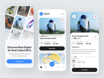 ENEVTI - NFT Marketplace Mobile App auction binance clean crypto cryptoart cryptocurrency design ethereum ios metamask minimal minimalist mobile mobile app modern nft nft marketplace token ui wallet