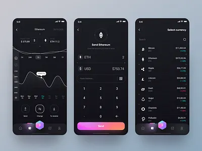 Banexcoin App 📲 app change chart design clean coin crypto dark app dark mode dark theme ethereum fluent design gradient interface ios app minimal send money ui ui ux design ux wallet