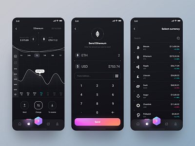 Banexcoin App 📲 app change chart design clean coin crypto dark app dark mode dark theme ethereum fluent design gradient interface ios app minimal send money ui ui ux design ux wallet