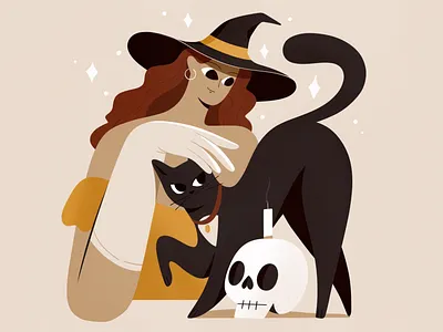 Witch 2d cat character characters flat girl haloween illustration procreate shape skull texture vector