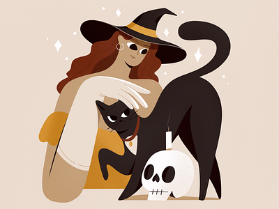 Witch 2d cat character characters flat girl haloween illustration procreate shape skull texture vector