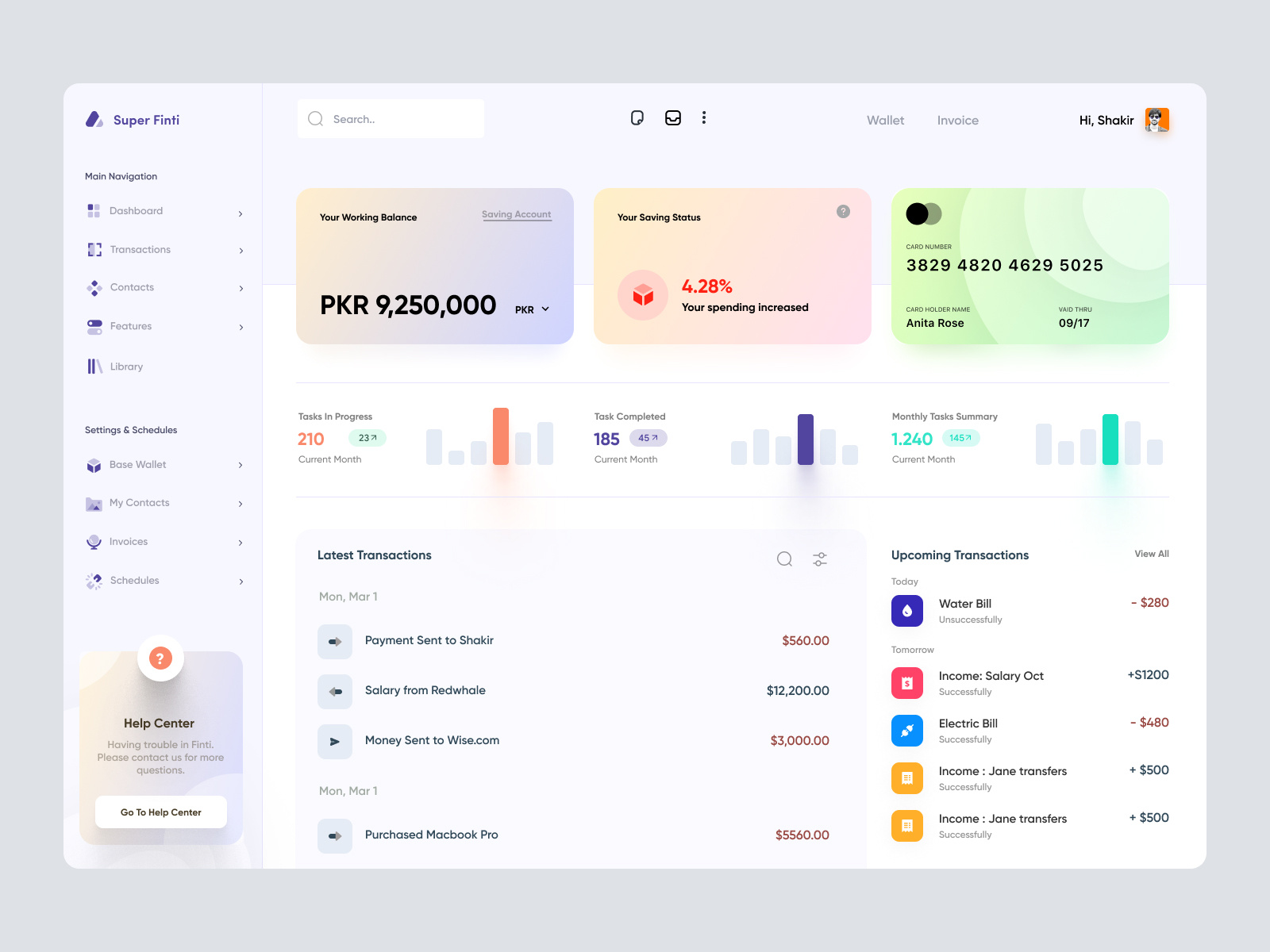 Example of Fintech dashboard ui concept