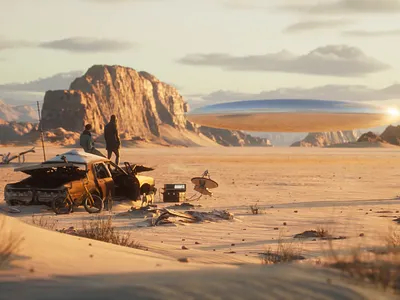 The Arrival 3d desert landscape mountains ufo
