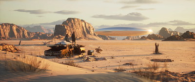 The Arrival 3d desert landscape mountains ufo