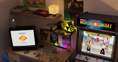 Gaming Room 3d 3d art 3dmodeling blender blender3d blender3dart blendercommunity blendercycles cgi design gameboy lowpoly lowpoly3d mortalkombat nintendo playstation render sega zelda