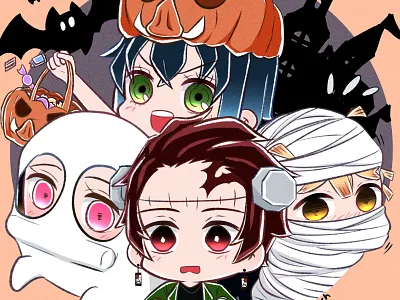 Halloween 2020 anime chibi cute cute illustration demon slayer fan art halloween illustration illustration art inosuke kimetsu no yaiba kny manga nezuko tanjiro zenitsu