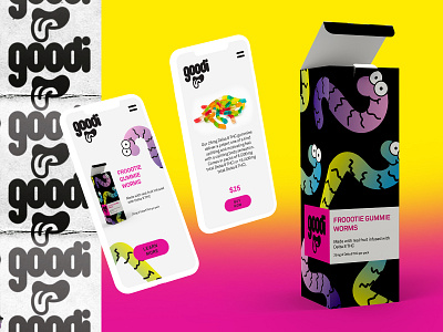 Goodi 1.0 branding cannabis logo cartoon custom logotype edibles gradients gummy worms illustration mouth packaging pot tongue ui ux