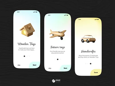 Onboarding screens for the wooden toy program | Gaaz Studio 3d adobexd dailyui dribbble invite figmadesign gaaz gaaz studio mesh gradient minimal onboarding onboarding ui toys trending wooden toys
