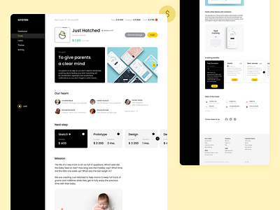 Founder investment project page black white design desktop figma flat invest investment minimal sidemenu slider startup ui ux webdesign yellow