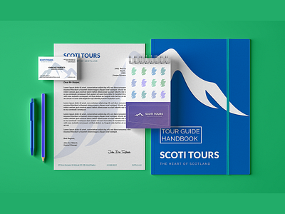 Scoti Tours - Business Material Design adobe illustrator advertisement advertising art brand design brand identity branding design clean clean design graphic design green identity logo logo design logotype minimal modern simple stationery design typography