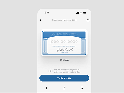 Identity verification by SSN blue card chadow conversion finance fintech funnel identity verification input keyboard kyc light mask onboarding social security ssn tax id ui