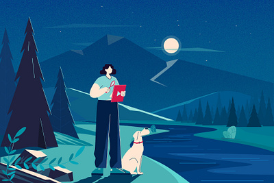 Girl with dog dog evening flat illustration girl mountains river