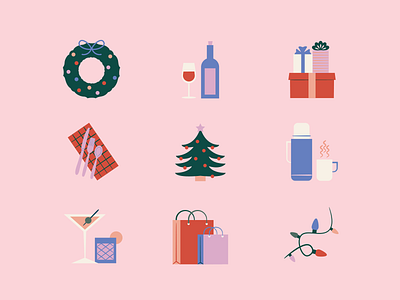 Holiday Spot Icons christmas christmas tree cocktail feminine holiday icons illustration lights present spot vintage wine wreath