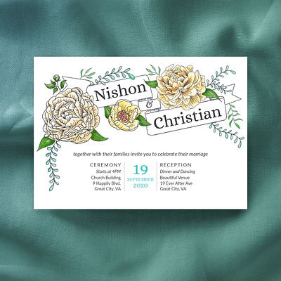 Wedding Invitation design and floral illustration custom illustration custom illustrations design floral design flower illustration illustration invitation design peonies peony teal wedding design wedding invitation wedding invite yellow