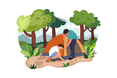 Father and Son putting up a tent illustration active activity adventure bonfire camp campfire campsite countryside family fire flat forest fun hiking holiday illustration journey landscape lifestyle mountain