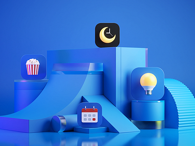 3D iconography for smart market 3d 3d icon art brand identity branding calendar elements icon design icon set iconography icons illustration lamp popcorn presentation scene sleep smarthome timer vr