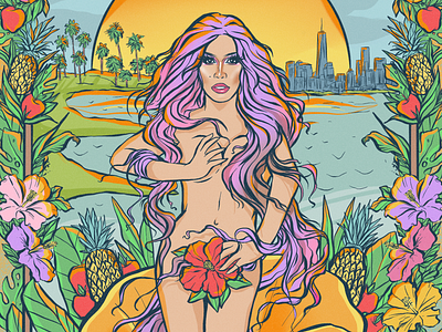 Birth of Hibiscus drag queen flower graphic design hawaii hibiscus illustration leaves new york portrait poster procreate sketch tarot woman