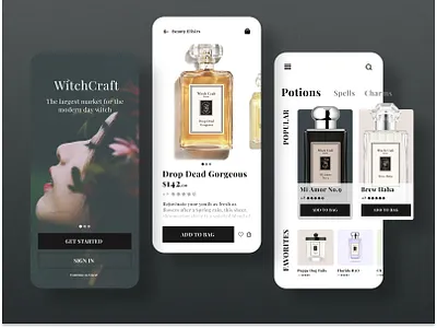 WitchCraft - Everyday Elixirs for the Modern-Day Witch black magic brand design design challenge dribbleweeklywarmup ecommerce fragrance harrypotter magic mobile app mobile design potions product detail product page spells ui uxui warlock weekly warm up witch witchcraft