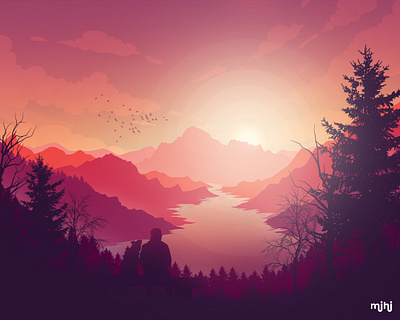 Blissful Evening colors design digital art graphic art hiking illustration landscape mountains nature painting silhouette