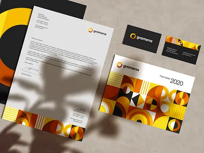 Gramena - Stationary a4 brand identity branding brown design geometric identity letter logo orange pattern stationary stationary mockup yellow