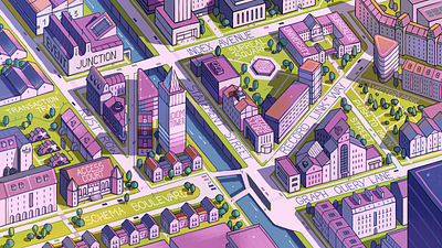 SurrealDB map 2d illustration avenue branding buidling city illustration isometric map isometry lane map map design park perspective postcard river road street streetview tower town