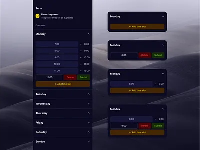 Calendar slot opening — Appetite UI app calendar event mobile plan reccuring slots ui ux