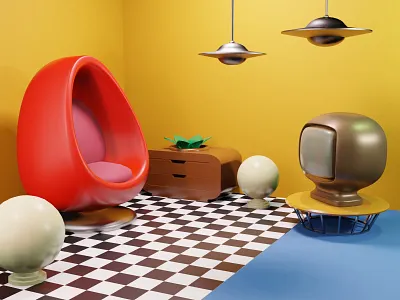 Retro interior 3d design illustration retro room ufo