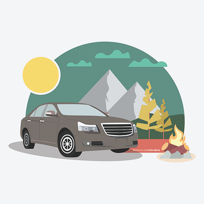 Car Camping campfire camping car clouds fire illustration illustrator jungle mountain sun trees