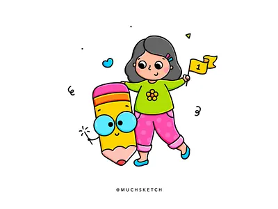 MuchSketch turns ONE! 🥳 anniversary best friends celebration character design cute girl dribbble best shot first birthday girl character illustration illustrator instagram kawaii milestone one year pajama partner party pencil pencil art procreate