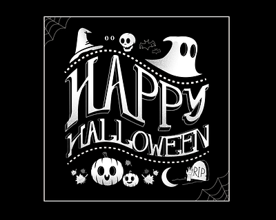 Happy Halloween bats black and white ghost grave halloween halloween design pumpkin skull spider web spooky spooky season typography witches hat