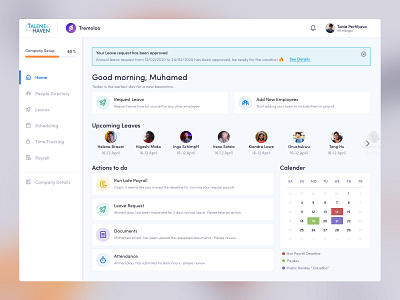 HR Management System | Dashboard User Interface actions calender check in dashboad employees human leaves managment payroll progress resources setup side menu system toast ui ux