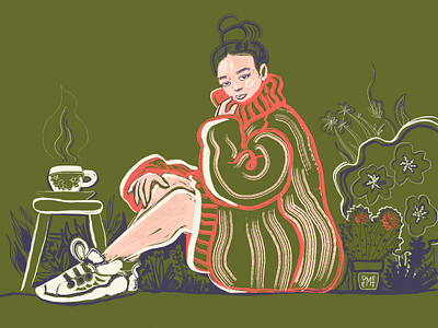 The Girl Wearing Knitted Sweater artwork character character design character drawing coffee demet kural digital art digital painting figure drawing floral illustration flowers girl girl illustration illustration illüstratör people procreate sneakers sweater woman