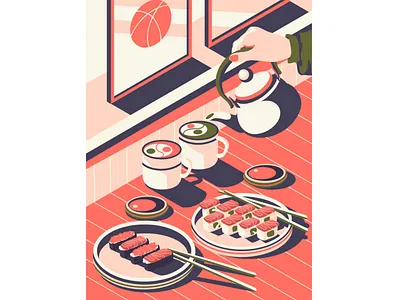 Food time art artwork asian asian food drinks flat green illustration illustration art japan matcha menu restaurant salmon soy sauce sushi sushi roll